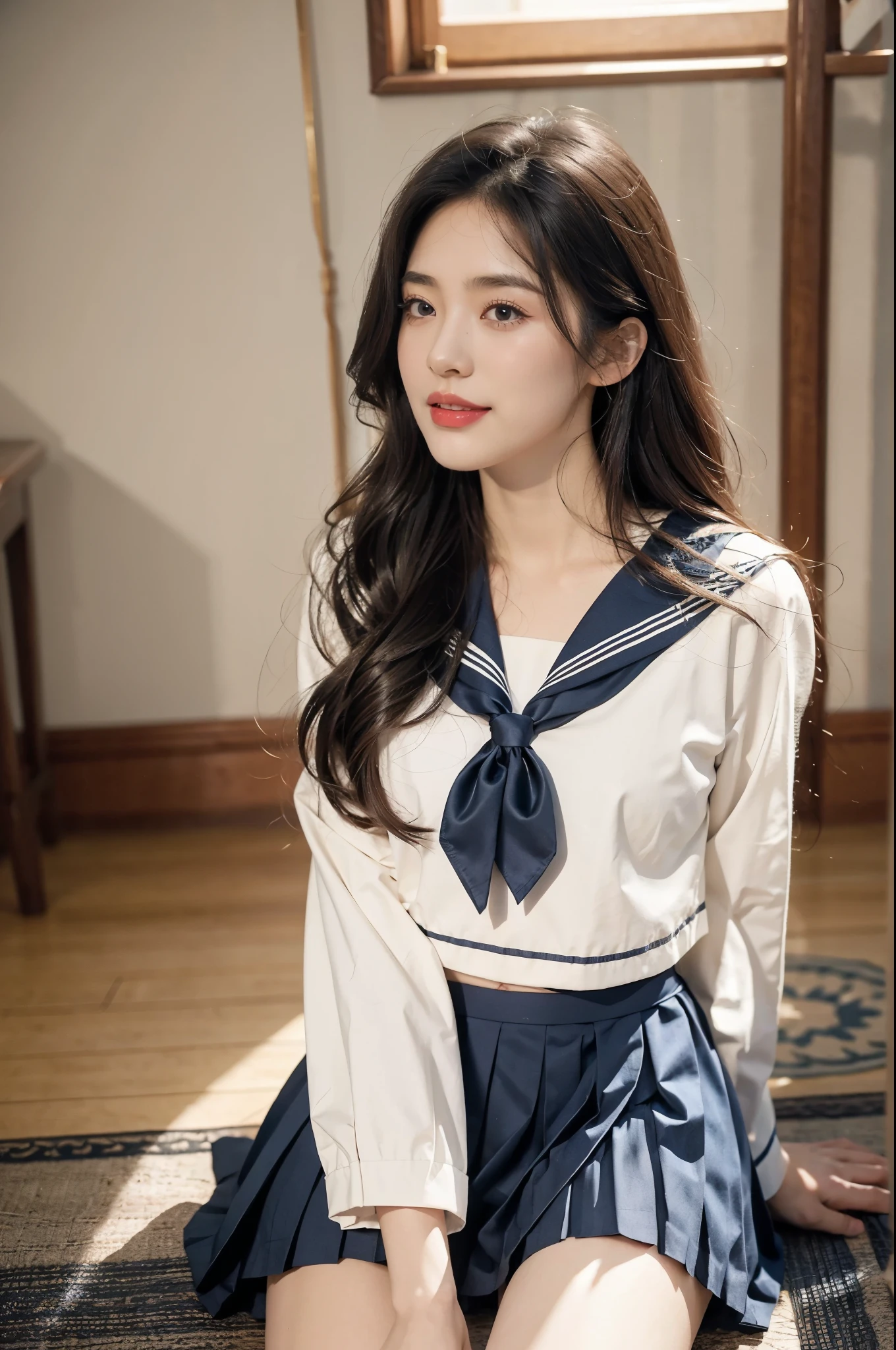 (Best Quality, 8K, 32K,masterpiece), (Raw photo), (Realistic), (Photorealistic:1.2), (High resolution), Ultra-detailed, Beautiful face,detailed eyes, 1 beautiful girl,hyper cute face,laughing,thin waist,small breasts,flat chest, slim proportions,((formal sailor uniform, dark blue pleated skirt)),medium straight hair,flat chest,navel,stockings,arms behind back,indoor,In a Japanese style room,sitting on the floor,