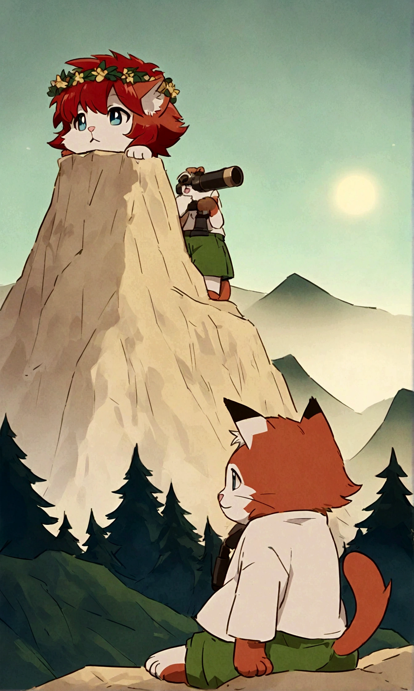 Furry Cat,red-haired in a white T-shirt and green shorts, standing on the top of a mountain with a wreath on his head, and his left paw rests on the top of the mountain. He holds a telescope with his right paw and looks into the distance, where the hills are visible, mountains and forest in anime style.