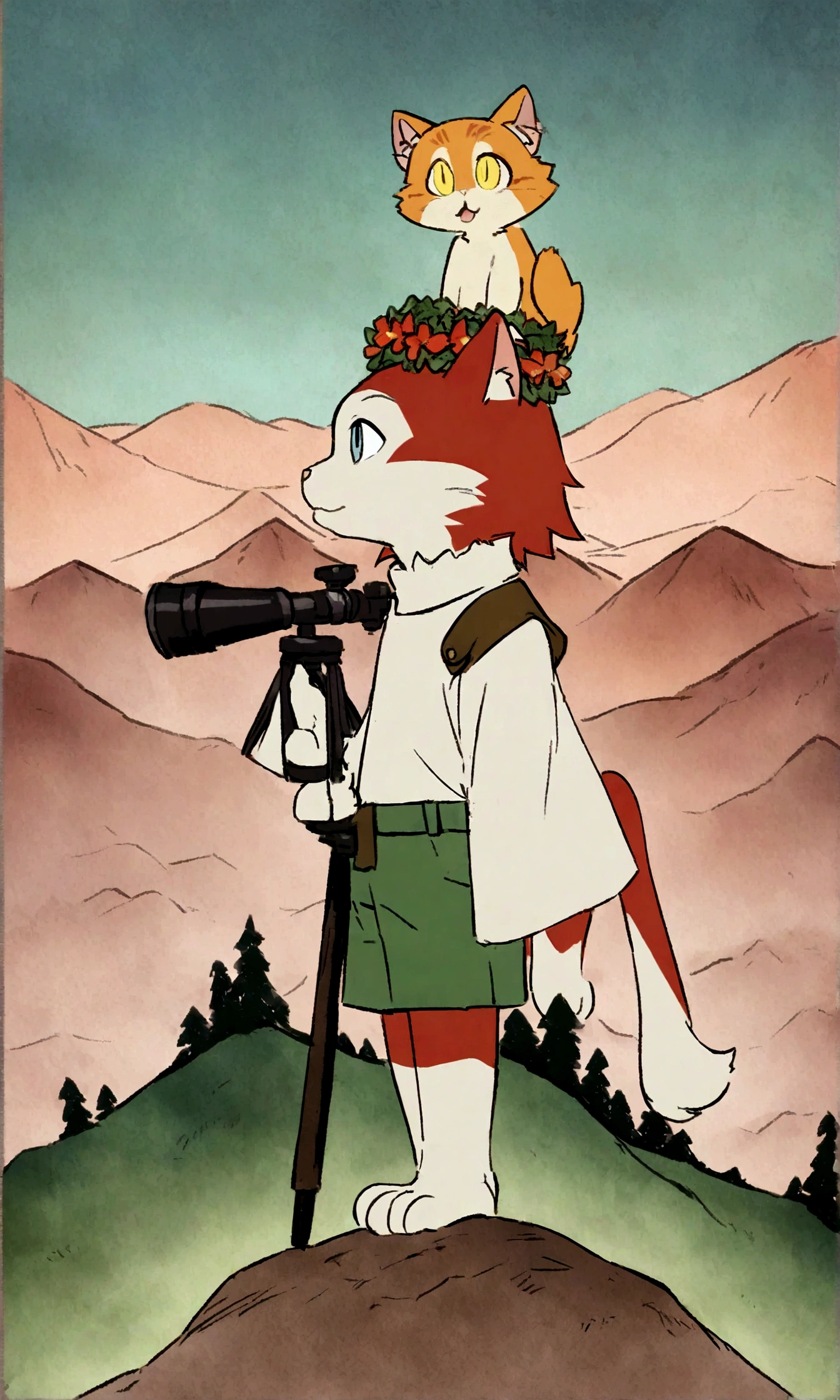 Furry Cat,red-haired in a white T-shirt and green shorts, standing on the top of a mountain with a wreath on his head, and his left paw rests on the top of the mountain. He holds a telescope with his right paw and looks into the distance, where the hills are visible, mountains and forest in anime style.