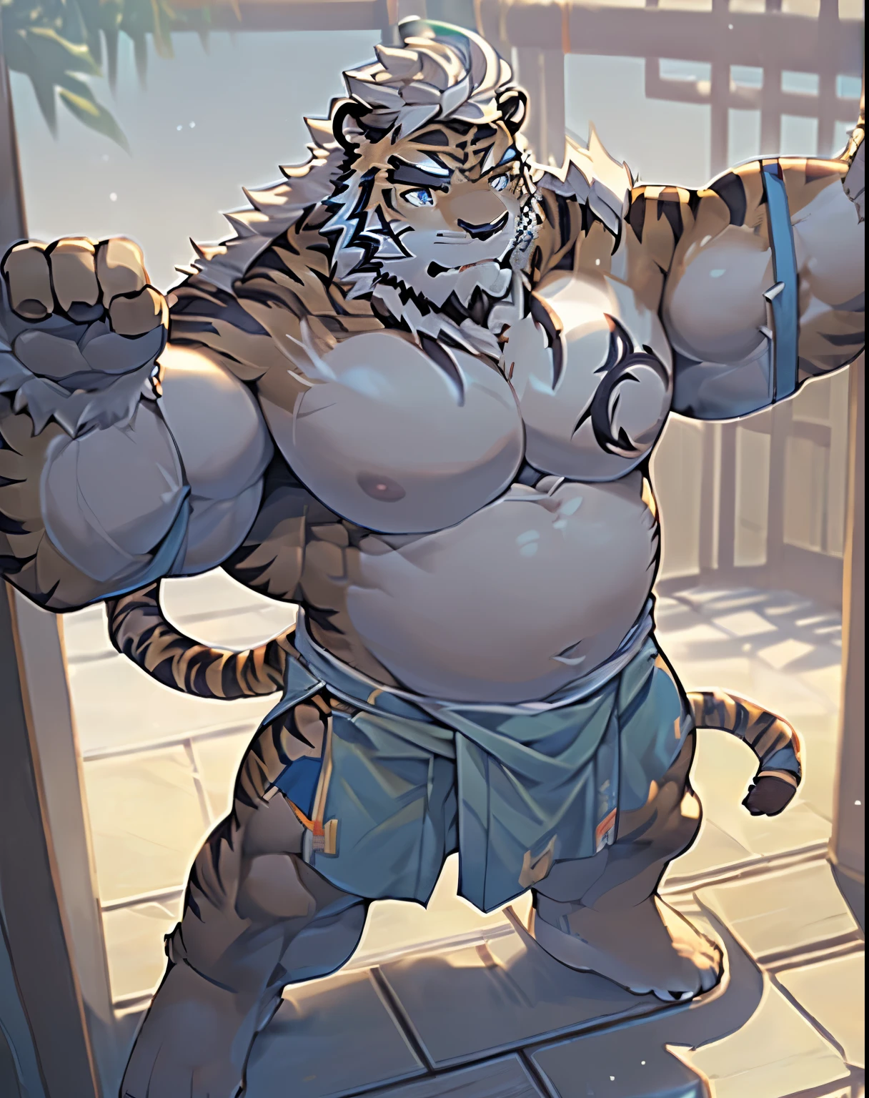 ((hombretigre: 1.3), solo, (soft shading), 4k, hi res, ((detailed face, detailed eyes, detailed)), (full body), by zackarry911, by zaush, (by personalami:0.5), muscular, muscular male, bara, (plump), pose, gray eyes, male focus, thighs, stomach, bare pectorals, big belly predomination, athletic body ((correct anatomy: 1.3)), muscle gut, overweight, high-angle view, by milkytiger1145, by 96panda, cosplaying as a monk, forehead band, martial arts stance, standing in dojo