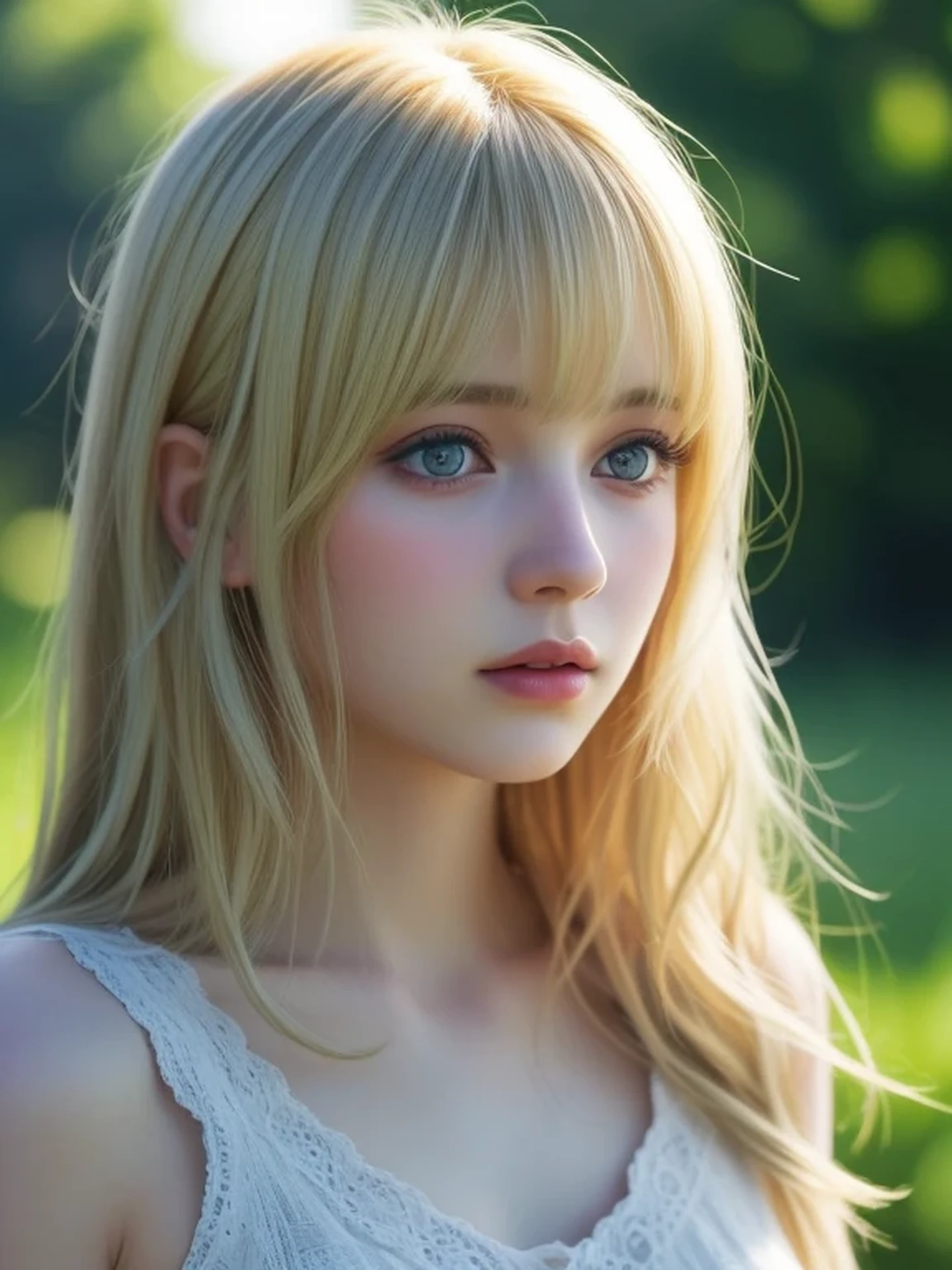 (looking away:1.4), (upper body shot:1.2), Realistic digital painting of a woman portrait, Shy,  Cute, open mouth to say something, sad, blue eyes,  (Wavy medium Hair:1.1), bangs, (Blonde Hair:1.3), (Highly detailed skin:1.2), Mystical style, Global Illumination,