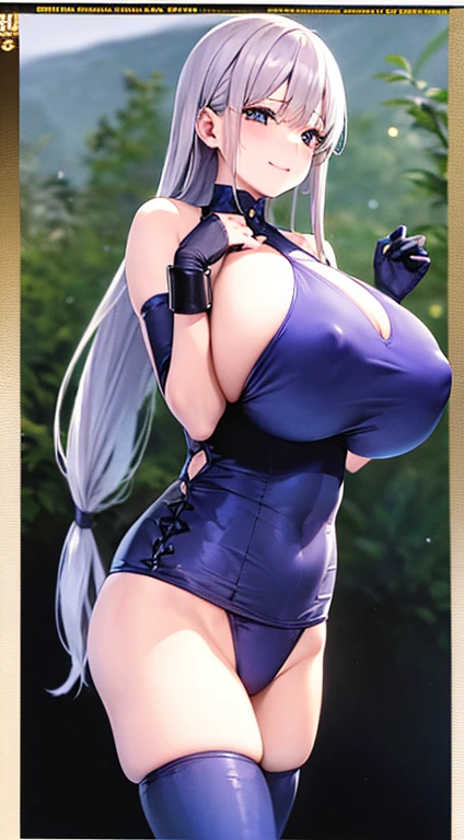 Big Breasts,jewelry,Gray Hair、Long Hair、High resolution、high quality、Long gloves、Blue swimsuit、青いLong gloves、超High resolution, (Film Grain: 1.4)、very, very big breasts、Nipple Pochi、Erect nipples、smile