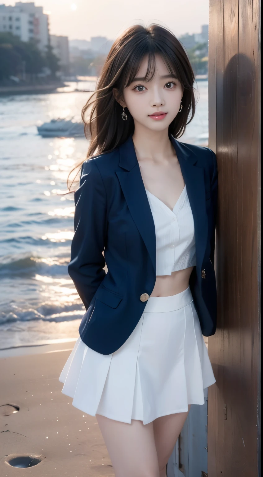 Woman standing in the sea as the sun rises、Sea at dawn、(Wearing a navy blue blazer、Wearing a white blouse、Wearing a red flared skirt)、Wearing pumps、The wind is blowing、A bag is hanging from the right shoulder、Beauty、20-year-old、university student、Uniform, cool-looking eyes、Well-balanced proportionedium build、Small face、Small breasts、Small Ass、The neck is short、Uniform left and right eyes、, black hair, long hair, messy hair, floating hair, earrings, parted lips, happy, seductive smile, symbol-shaped pupils, Surrealism, Verism, cinematic lighting, first-person view, f/1.2, Nikon, UHD, best quality, highres, 8k, anatomically correct, textured skin, high details