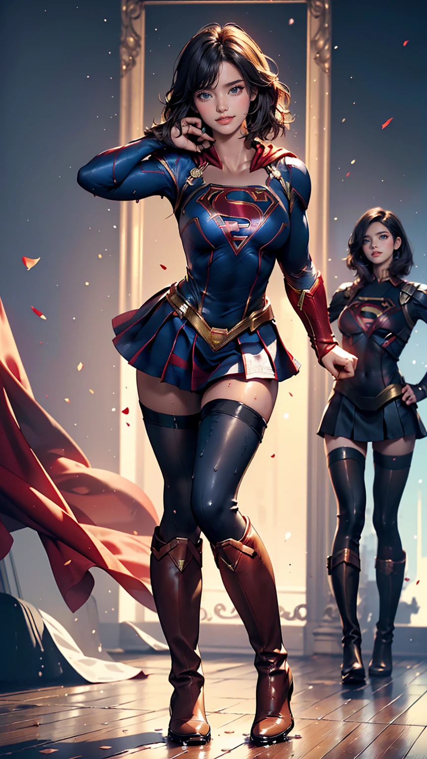No background、(((Beautiful legs in black tights.)))、(((Legally express the beauty of your smile)))、((((Make the most of your original images)))、(((Supergirl Costume)))、(((short and beautiful hair)))、(((Smiles and winks)))、(((Please wear black tights....、Wear red boots)))、((Best image quality、8k))、((highest quality、8k、masterpiece:1.3))、(((Preserve background )))、Sharp focus:1.2、Beautiful woman with perfect figure:1.4、Slim Abs:1.2、Wet body:1.5、Highly detailed face and skin texture、8k