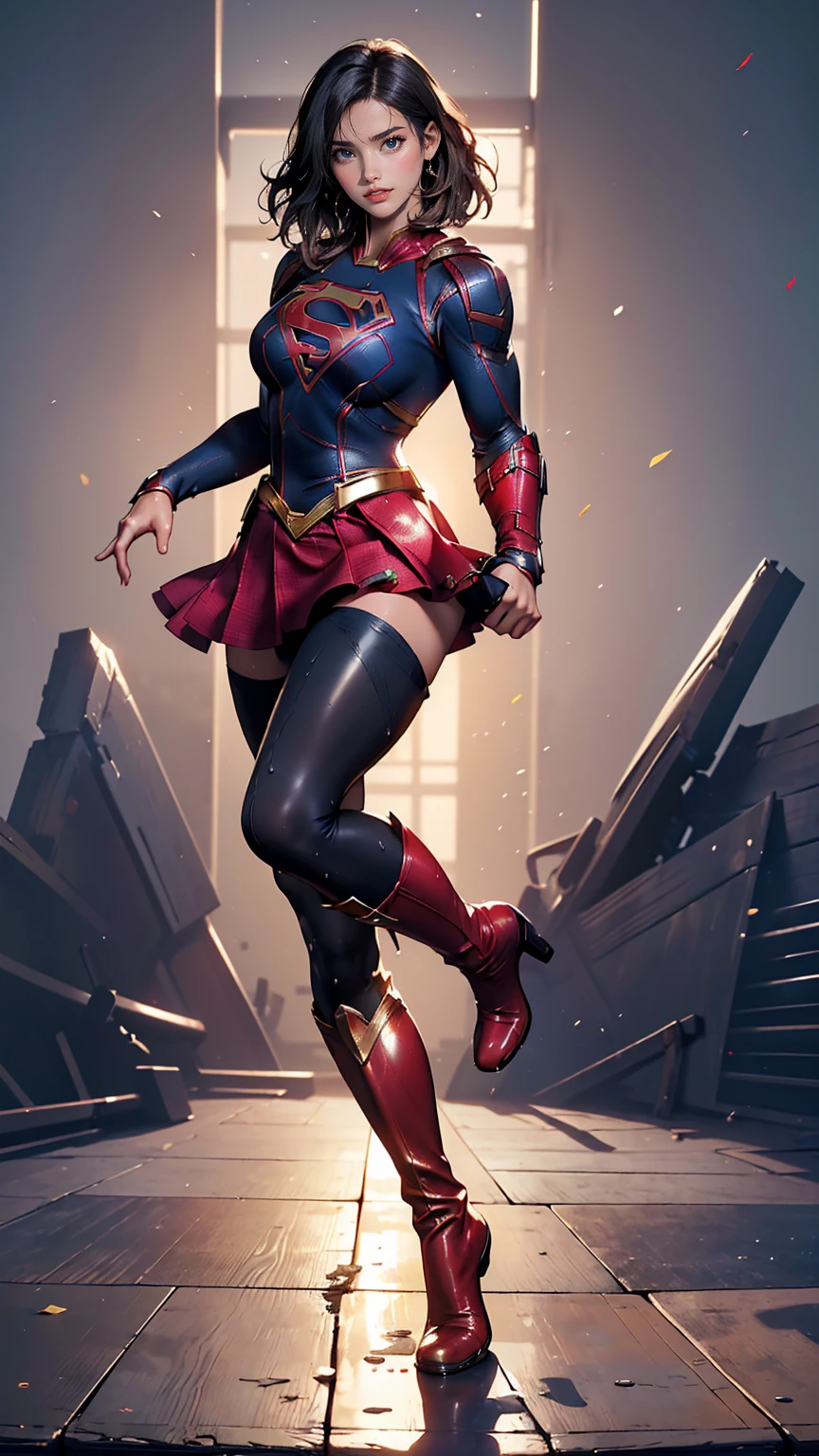 No background、(((Beautiful legs in black tights.)))、(((Legally express the beauty of your smile)))、((((Make the most of your original images)))、(((Supergirl Costume)))、(((short and beautiful hair)))、(((Smiles and winks)))、(((Please wear black tights....、Wear red boots)))、((Best image quality、8k))、((highest quality、8k、masterpiece:1.3))、(((Preserve background )))、Sharp focus:1.2、Beautiful woman with perfect figure:1.4、Slim Abs:1.2、Wet body:1.5、Highly detailed face and skin texture、8k