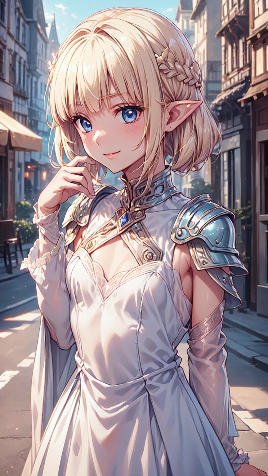 Very close、((Focus on the upper body))、16k、masterpiece、High resolution、High resolution、((****ung elven female))、((Beautiful white skin))、((Beautiful blonde))、((Small breasts))、Bun Head、short hair、((Beautiful Blue Eyes))、((Pointy Ears))、Smiling Kindly、smile、blush、Pink Lip Gloss、Shiny skin、((Put on your armor))、((Medieval European streets))、Courting me、((Put your hand on your cheek))