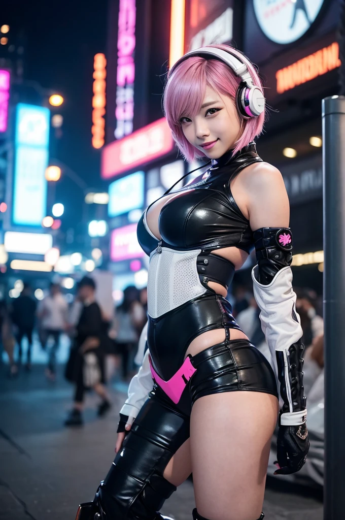 サイバーpunk、1 female、wild、black、Erotic、sexy、metal、silvery white、shocking pink、copper、Armor、White headphones、Cyberglass、goggles、punk、Future、Neon city at night、Extremely beautiful、short hair、Moe、smile、cute、Futureなブーツ、Healthy legs、Healthy Body、sexyな衣装、Big Breasts、A future no one could have imagined