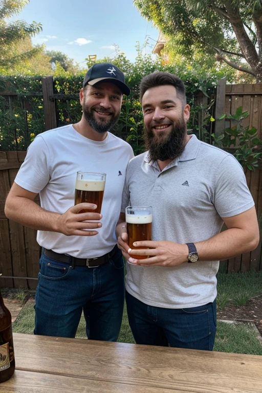 Happy bearded dad holding a glass of beer in his backyard with his son also holding a glass of beer in his hand, in the background behind them a beer dispenser