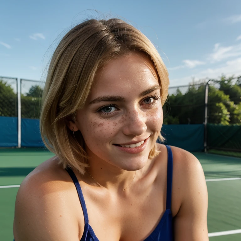 A 21 year old girl named Kate with short blonde hair, beaux seins de taille moyenne, et une hauteur de 1.60 meters. Elle a un style jupe de tennis tenu de sport et des yeux bleu clair. Kate est belle, with an angelic face and freckles around the nose. ajouter une touche romantique Kate est sur un terrain de tennis, montré dans un portrait de face, flirt with the camera and smile, on a beautiful day with a cinematic sunset. vue de plein pied