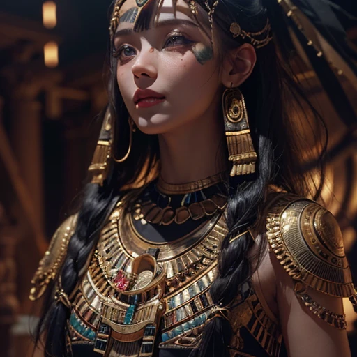 Standing in an ancient Egyptian cave、Blowing hair 、 ((highest quality、masterpiece、8k、Best image quality、Ultra-high resolution、Award-winning works)、(Accurate anatomy:1.1)、(Look at me and smile:1.0)、Shining fair skin with Ultra-high resolution、The most detailed face、Ultra-high resolution detailed face、Ultra-high resolutionの髪の毛、(Ultra-high resolution eye:1.1)、Beautiful face drawn in every detail、Ancient Egyptian costumes, Chest to chest,  Dark atmosphere,Dark Light, Ancient Egyptian makeup, 