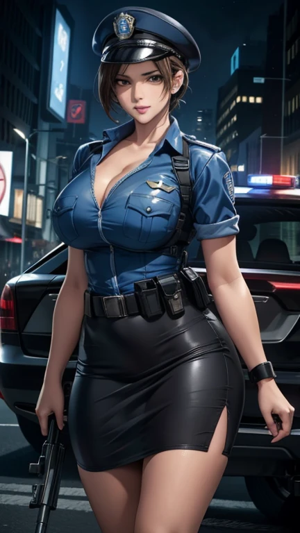 (best quality,Extremely detailed,Reality:1.37),portrait,Cute expression,Sharp eyes,Perfect lips,Confident smile,Cute face,Long eyelashes,full-body shot,Dynamic Viewpoint,1 girl,police officer,Shirt Dress,Night city center,A baton hung on his waist,have,Handcuffs on waist,胸前have口袋,Radio on the collarbone,police car,Jill Valentine,Biological Hazards,Resident Evil(((Full breasts,)))(((Large Breasts))) (((Cleavage))),