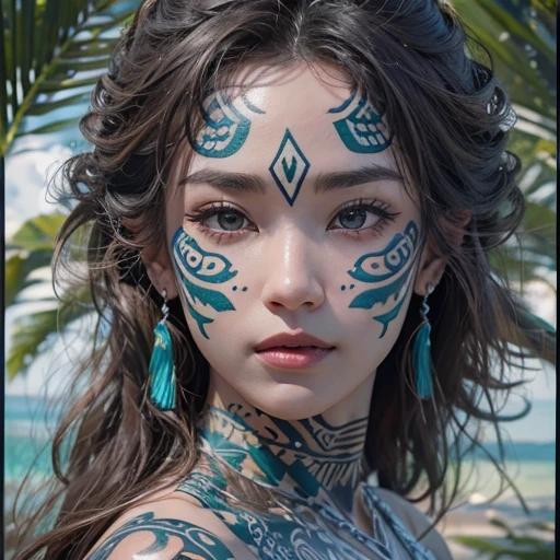 Polynesian Sea、Hair blowing in the wind 、 ((highest quality、masterpiece、8k、Best image quality、Ultra-high resolution、Award-winning works)、(Accurate anatomy:1.1)、(Look at me and smile:1.0)、Shining fair skin with Ultra-high resolution、The most detailed face、Ultra-high resolution detailed face、Ultra-high resolutionの髪の毛、(Ultra-high resolution eye:1.1)、Beautiful face drawn in every detail、Polynesian Costume,Small breasts,  Polynesian Tattoo,  Polynesian canoe、Wearing Polynesian costumes:1.2.