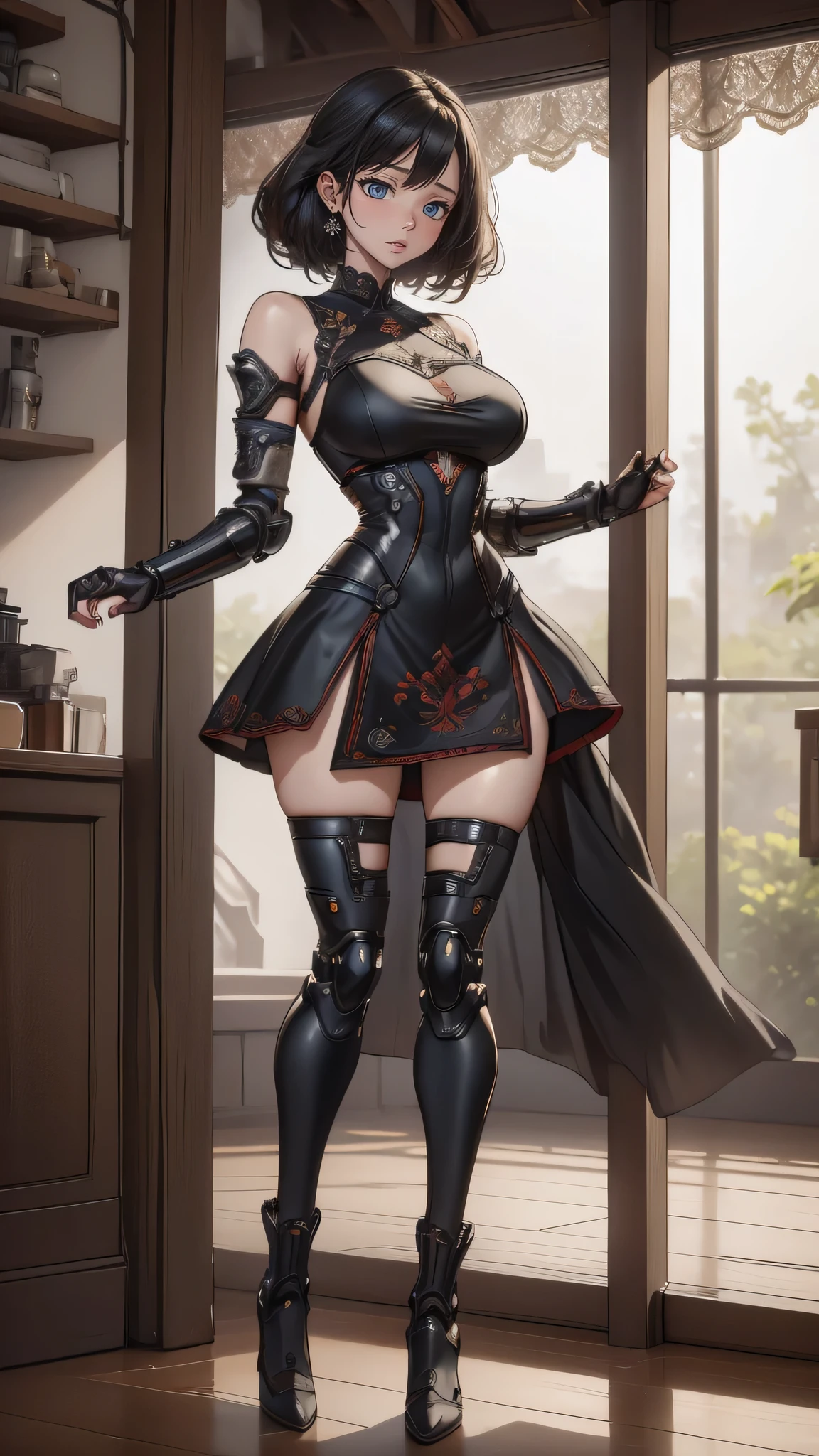 (dynamic fighting pose),(leather boots,(asymmetrical mecha armor),(long embroidered lace dress,see through,lift up the hem of the dress)),(random hairstyle),(Thin type:1.8),(large breasts),(Highest image quality,(8K), Ultra-realistic, Best Quality, High quality, High Definition, high quality texture, high detailing, Beautiful detailed, fine detailed, extremely details CG, Detailed texture, realistic representation of face, masterpiece, presence)