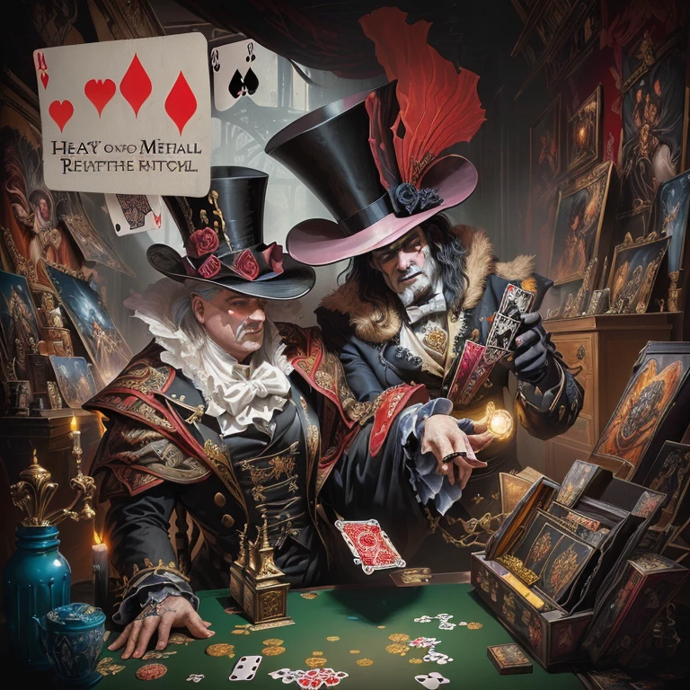 Painting of a man in a top hat and the devil, playing cards, piece of art, album art, detailed cover piece of art, album piece of art, card game illustration, official piece of art, Dave Arredondo, Wayne England, Board game cover, album, Epic fantasy art card game, satirical painting, "Pig, 1 9 8 0's heavy metal album art