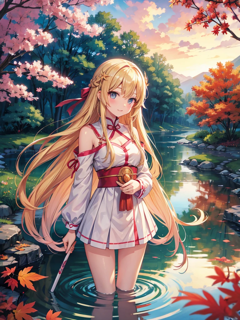 anime girl with long blonde hair and a white umbrella in a pond, anime goddess, blonde anime girl with long hair, anime wallaper, ecchi anime style, asuna yuuki, anime style like fate/stay night, inspired by Nishikawa Sukenobu, anime princess, autumnal empress, inspired by Narashige Koide, hd anime wallaper