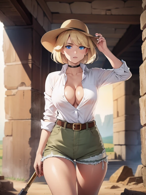 (1girl), (solo), ((masterpiece)), best quality, beautiful, perfect lighting, extremely delicate and beautiful, detailed face, ultra cute face, (high res), ((1girl)), ((solo), looking at viewer, ((cowboy shot 1.2)),
Short blonde messy hair, blue eyes, serious look, exhausted, sweat, ((thin)), long legs, thigh gap, slender legs, medium breasts, cleavage, perky breasts, ((tan button up shirt)), (khaki shorts 1.2), explorers outfit, leather belt,
walking, desert, pyramid, Eygpt, in a ruin,