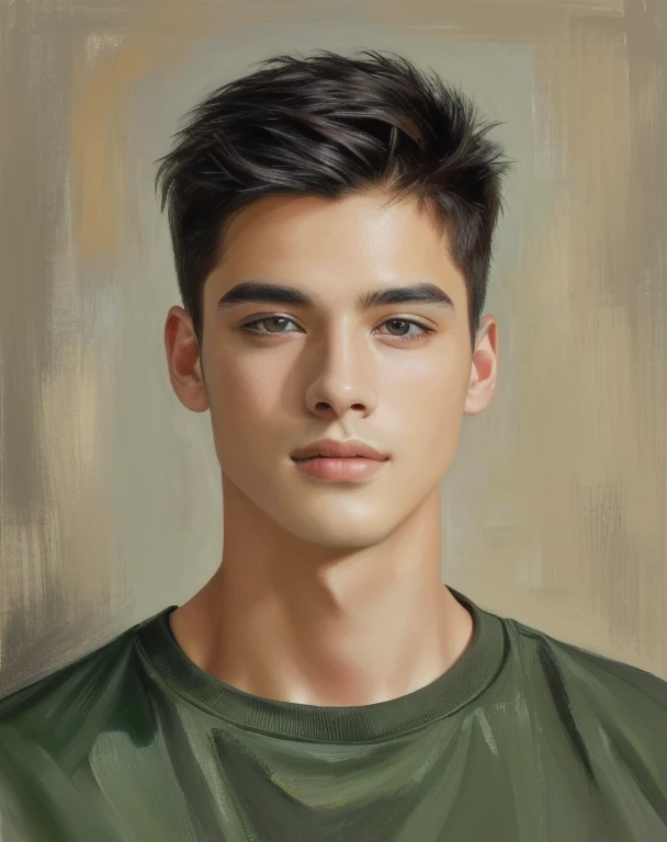 A drawing of a man wearing a dark green shirt., in the form of an oil painting, side centered painted portrait, digital art images, realistic studio images, Face images with realistic details, photo photorealistic, ultra photorealistic, photorealistic, photorealistic photo, Detailed color images, Realistic digital drawing, painted portrait, digital portrait, Very detailed oil painting., photophotorealistic