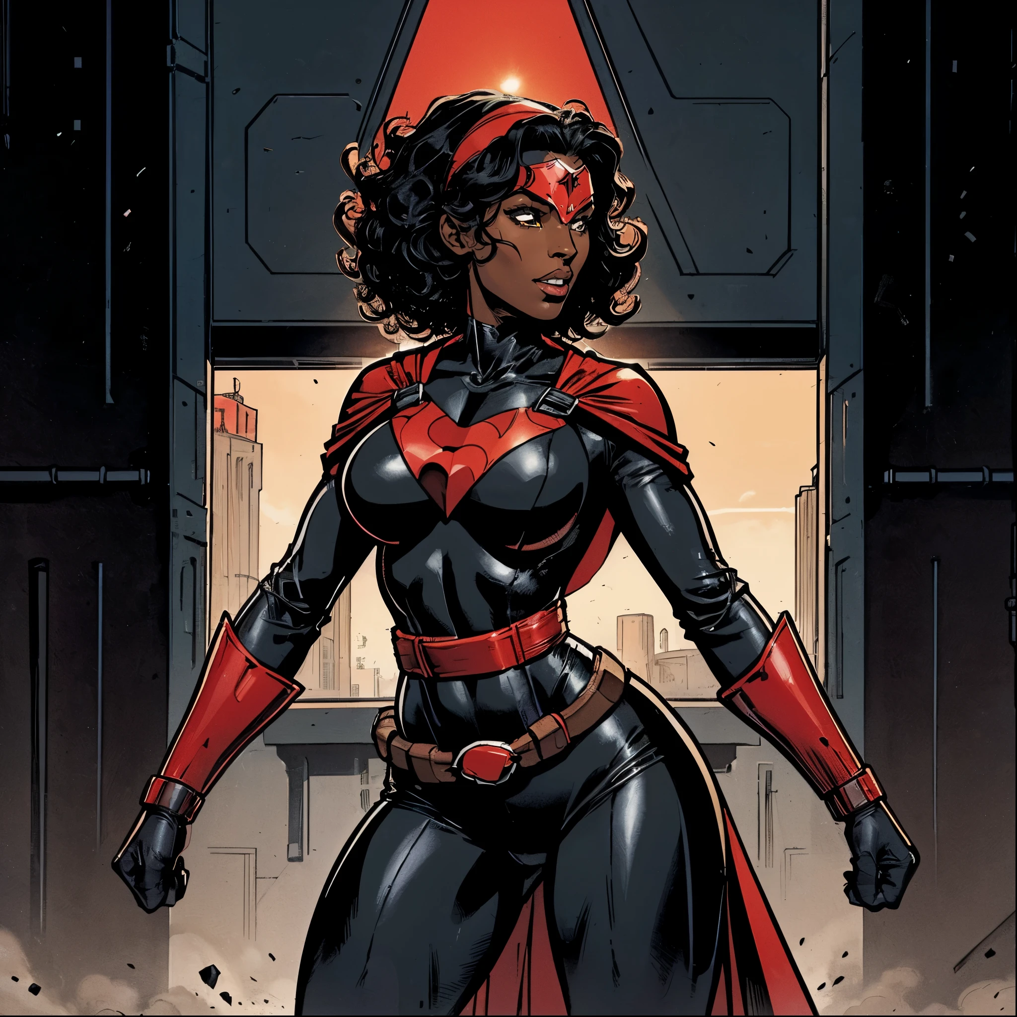 Cardinal, a gorgeous woman with (dark skin) wearing a modest black and red bodysuit, long sleeves, leggings, mask and crest. Athletic, huge breasts, wide hips. Short curly black hair, batons. Smiling. Mini cape. Confident.