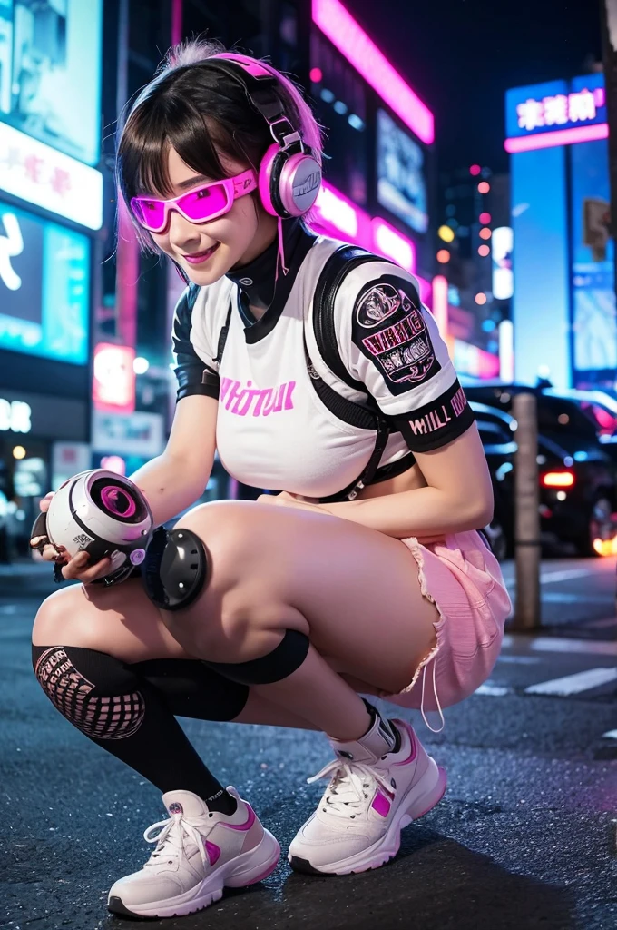 サイバーpunk、1 female、wild、black、sexy、metal、silvery white、shocking pink、copper、Armor、White headphones、Cyberglass、goggles、punk、Future、Neon city at night、Extremely beautiful、short hair、Moe、smile、cute、Futureなブーツ、Healthy legs、Healthy Body、Big Breasts、誰も考えつかないほどFutureなサイバーpunk衣装