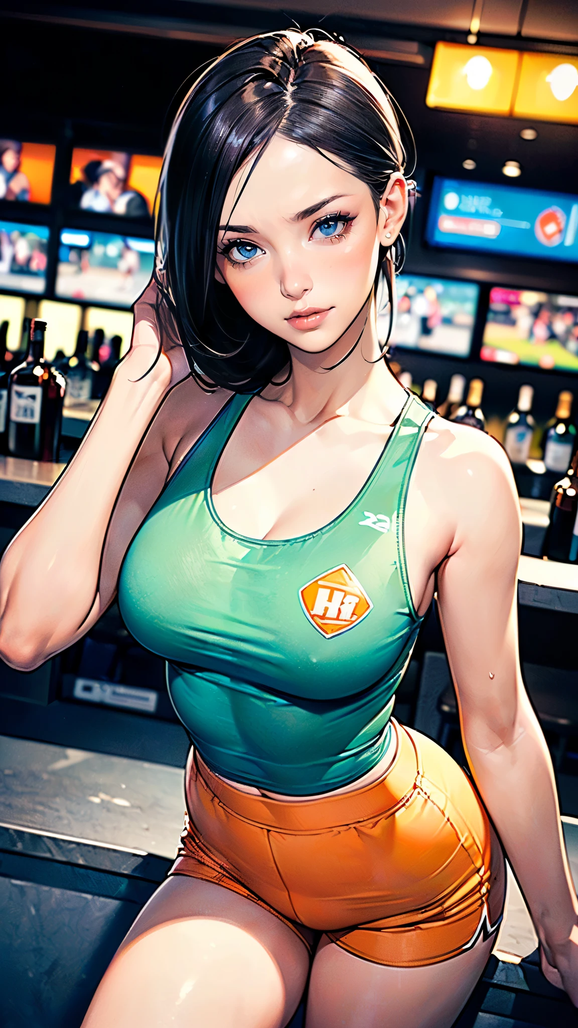 masterpiece,highest quality,Very detailed,High resolution,8k,wallpaper,Perfect lighting,break(One Woman),(Mature woman working as a waiter at a sports bar:1.5),(45 years old),(hooters),(((A very form fitting white tank top:1.5))),((The tank top has the logo of a sports bar on it.:1.5)),(((tiny orange shorts))),(((Very detailedなコスチュームの描画:1.5))),(Beautiful Eyes:1.5),(Detailed face drawing:1.5),(Detailed face drawing:1.5),((Very detailedな女性の手:1.5)),(Shiny skin:1.2),(Big Breasts:1.2),(Thick thighs:1.5),(Sensual body:1.5),(Sports bar background:1.5),(((Blur the background:1.5))),(((I&#39;m embarrassed:1.5)))