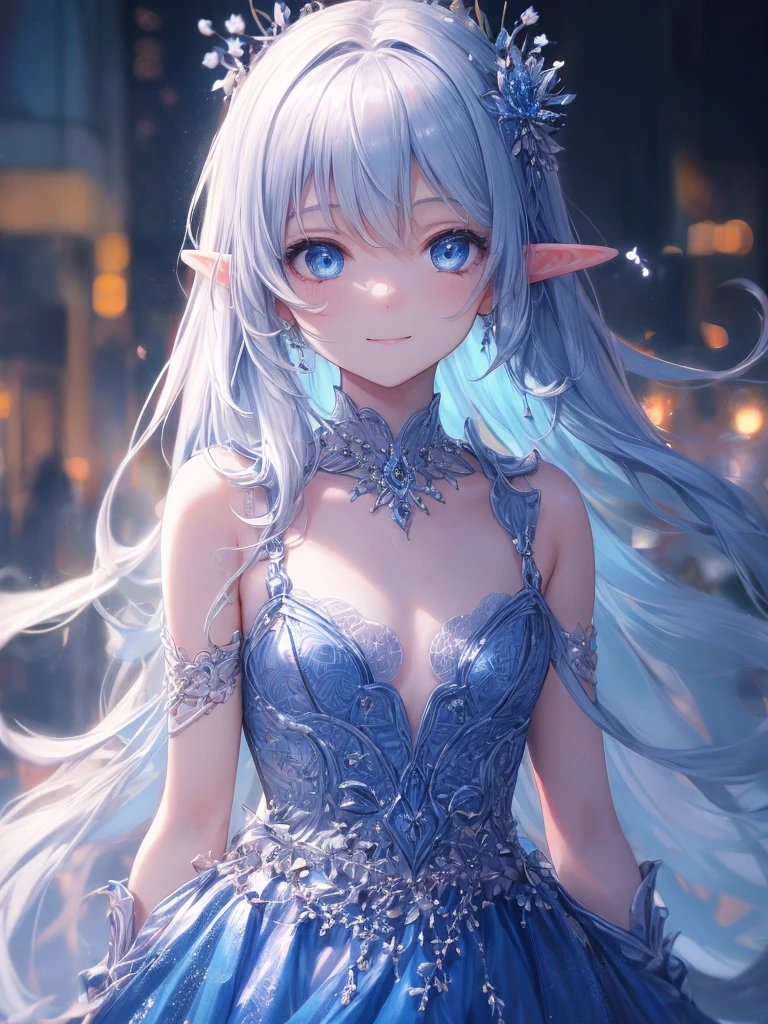 art by Cornflower,(master piece),(4k),high quality,(perfect anatomy),flat chest,1girl,elf,long blue hair,pale skin,beautiful smile,beautiful detailed blue eyes,blue clothes,multilayered outfit, (Highly detailed elegant), Magical colors and atmosphere, Detailed skin,The background is soft and blurry,Add a dramatic and symbolic element to your scene, Bokeh, Silky to the touch, Hyper Detail,in white beach,blue sky,soft pastel tones,cinematic lighting