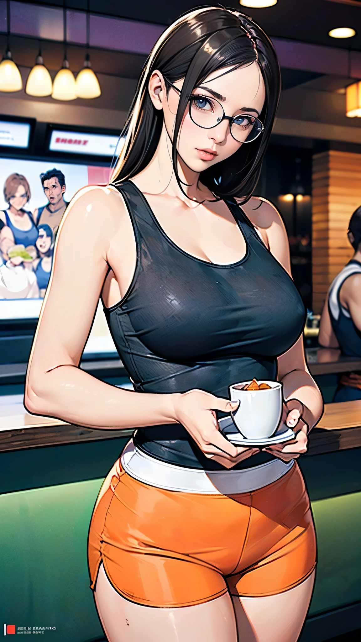 masterpiece,highest quality,Very detailed,High resolution,8k,wallpaper,Perfect lighting,break(One Woman),(Mature woman working as a waiter in a sports bar:1.5),(45 years old),(Hooters),(((A fitted white tank top with a logo:1.5))),(((Orange shorts that dig into the body))),(((Very detailedなコスチュームの描画:1.5))),(Beautiful Eyes:1.5),(Detailed face drawing:1.5),(Detailed face drawing:1.5),((Very detailedな女性の手:1.5)),(Shiny skin:1.2),(Big Breasts:1.2),(Thick thighs:1.5),(Sensual body:1.5),(Sports Bar Background:1.5),(((Blur the background:1.5))),(((I&#39;Embarrassing:1.5)))