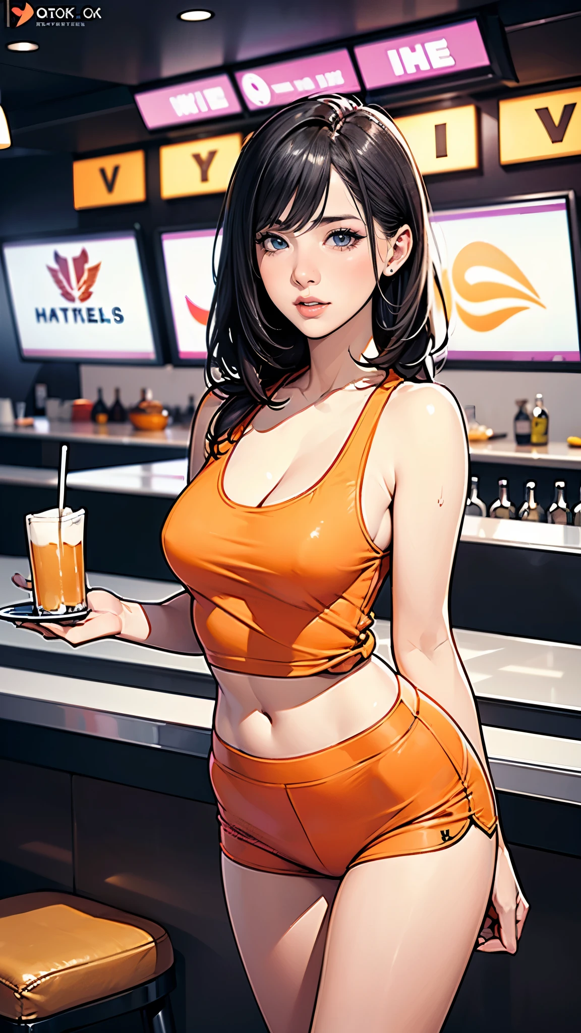 masterpiece,highest quality,Very detailed,High resolution,8k,wallpaper,Perfect lighting,break(One Woman),(Mature woman working as a waiter in a sports bar:1.5),(45 years old),(Hooters),(((A fitted white tank top with a logo:1.5))),(((Orange shorts that dig into the body))),(((Very detailedなコスチュームの描画:1.5))),(Beautiful Eyes:1.5),(Detailed face drawing:1.5),(Detailed face drawing:1.5),((Very detailedな女性の手:1.5)),(Shiny skin:1.2),(Big Breasts:1.2),(Thick thighs:1.5),(Sensual body:1.5),(Sports Bar Background:1.5),(((Blur the background:1.5))),(((I'Embarrassing:1.5)))