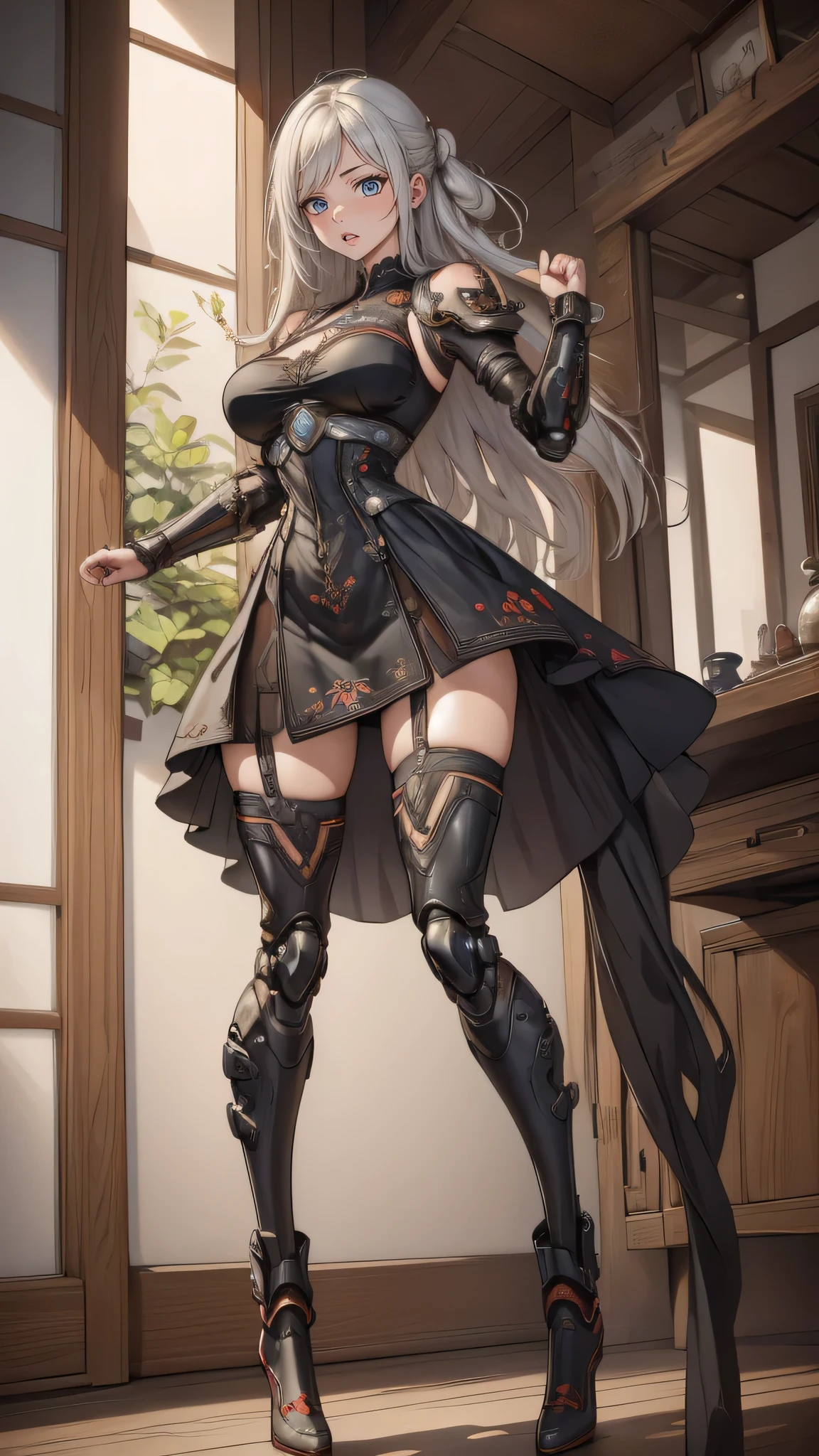 (dynamic fighting pose),(leather boots,(asymmetrical mecha armor),(long embroidered lace dress,see through,lift up the hem of the dress)),(random hairstyle),(Thin type:1.8),(large breasts),(Highest image quality,(8K), Ultra-realistic, Best Quality, High quality, High Definition, high quality texture, high detailing, Beautiful detailed, fine detailed, extremely details CG, Detailed texture, realistic representation of face, masterpiece, presence)