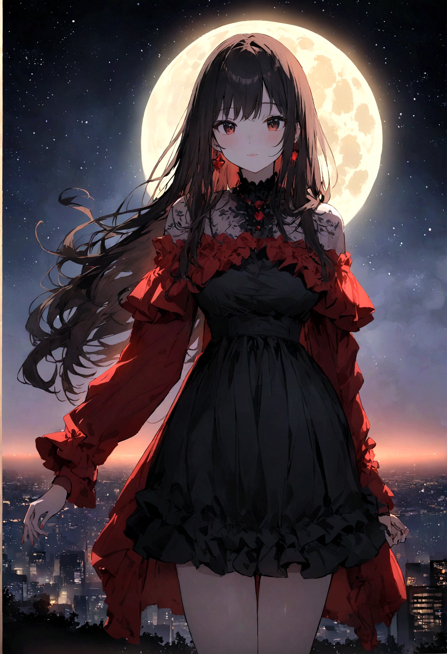 Dog 1、Woman 1、Red miniature dachshund、Red miniature dachshund long hair、dog'color is red、woman with very long black hair、Spectacular views、Night Scene、The view from the top of the hill、Full moon night sky、swirling starry sky、8K、Best Quality、詳しいdogの顔、The woman is facing the opposite direction、Ria、I can't see a woman's face、The whole body is in the photo、Like the night view of Tokyo、