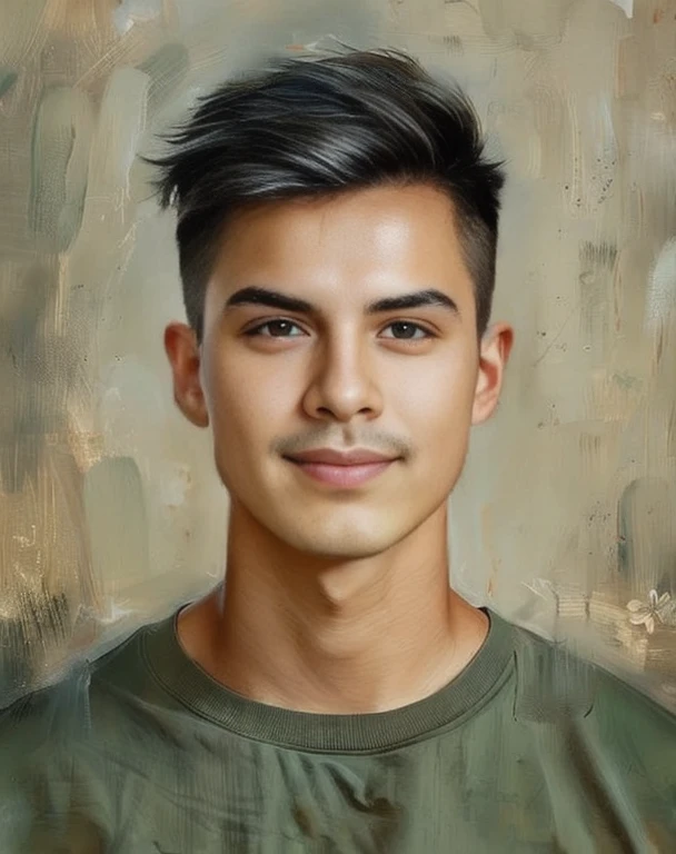 A drawing of a man wearing a dark green shirt., in the form of an oil painting, side centered painted portrait, digital art images, realistic studio images, Face images with realistic details, photo photorealistic, ultra photorealistic, photorealistic, photorealistic photo, Detailed color images, Realistic digital drawing, painted portrait, digital portrait, Very detailed oil painting., photophotorealistic