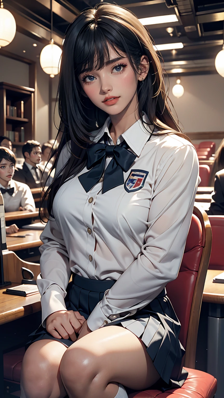 highest quality, masterpiece, Ultra-high resolution, (Reality: 1.4), Original photo, One girl, mature, White JK Uniform, Cinema Lighting、smile、comb