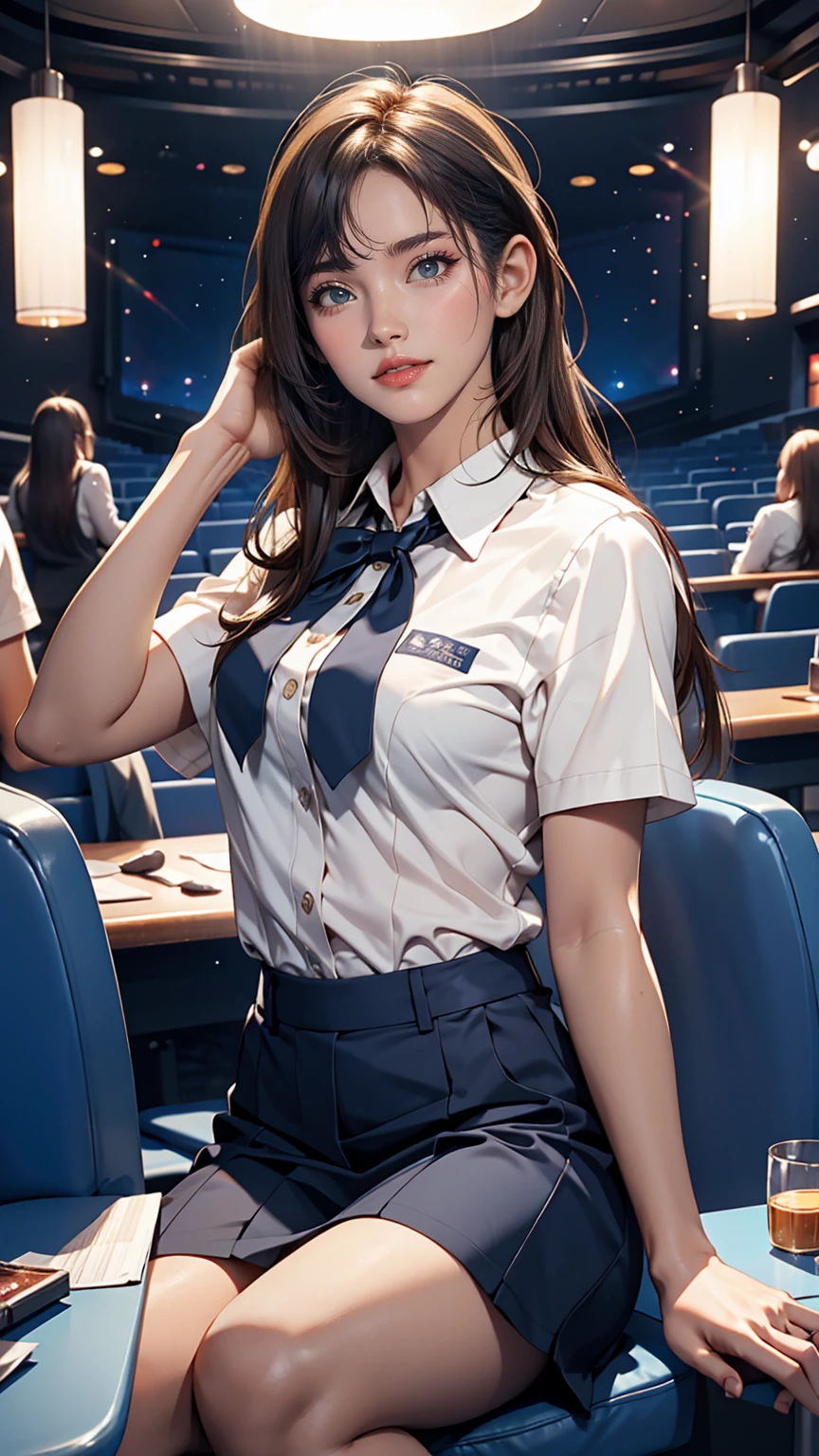 highest quality, masterpiece, Ultra-high resolution, (Reality: 1.4), Original photo, One girl, mature, White JK Uniform, Cinema Lighting、smile、comb