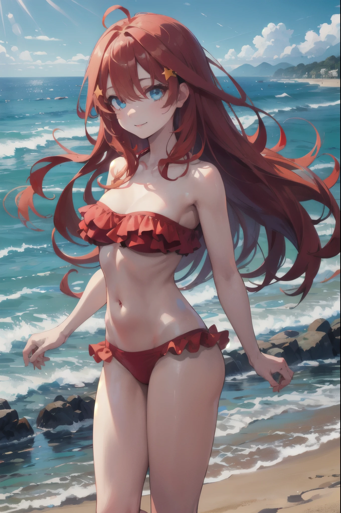 masterpiece, best quality, 8k, anime, wide shot, looking at viewer, (model posing:1.5), (red frilled-bikini:1.5), (frilled-bandeau:1.5), (bikini bottom is non-frilled:1.3), sunlight, itsuki nakano, long hair, ahoge, star hair ornament, bangs, smile, blue eyes, hair between eyes, redjuice hair, (beautiful detailed eyes:1.3), extremely detailed face, perfect lighting, (perfect hands, perfect anatomy), on beach, sunny day, sand, ocean view, extremely detailed, UHD, 4k, award-winning, sharp focus,