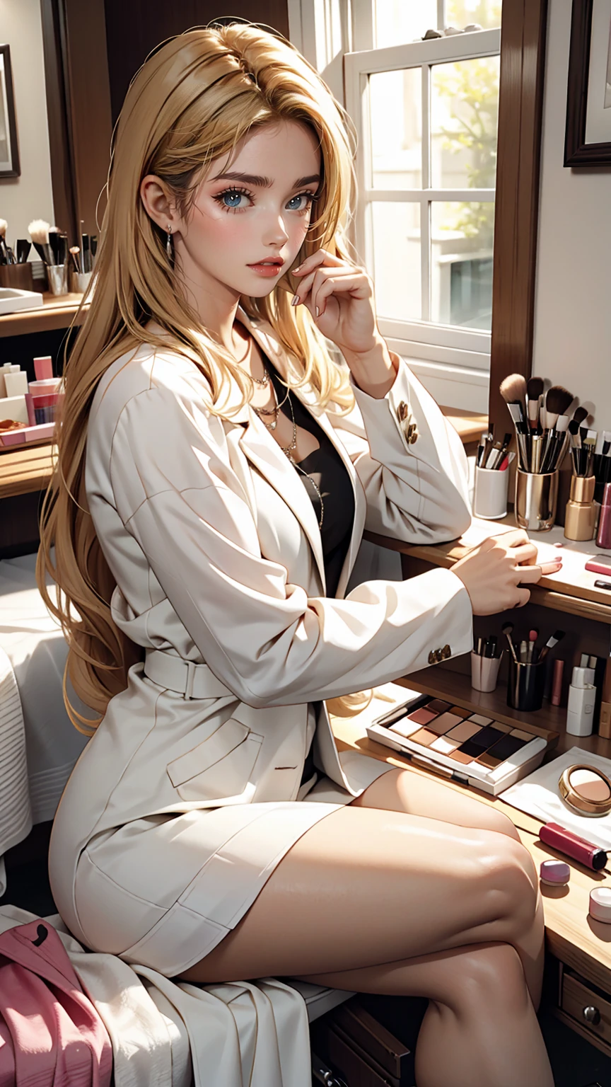 Sitting in front of the dressing table and putting on makeup、Mature Caucasian Woman、