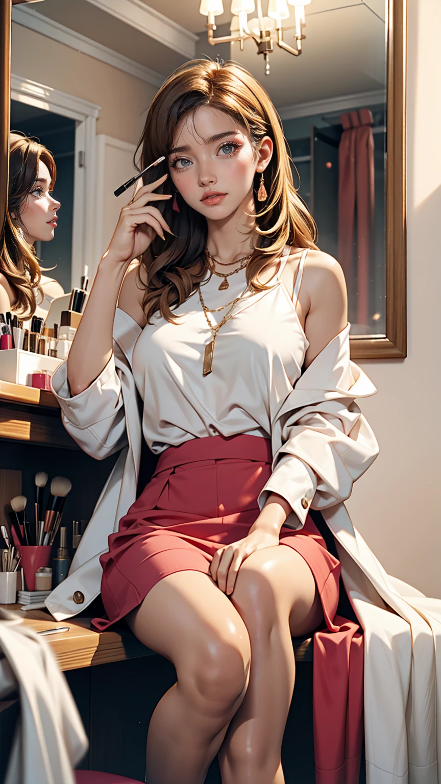 Sitting in front of the dressing table and putting on makeup、Mature Caucasian Woman、