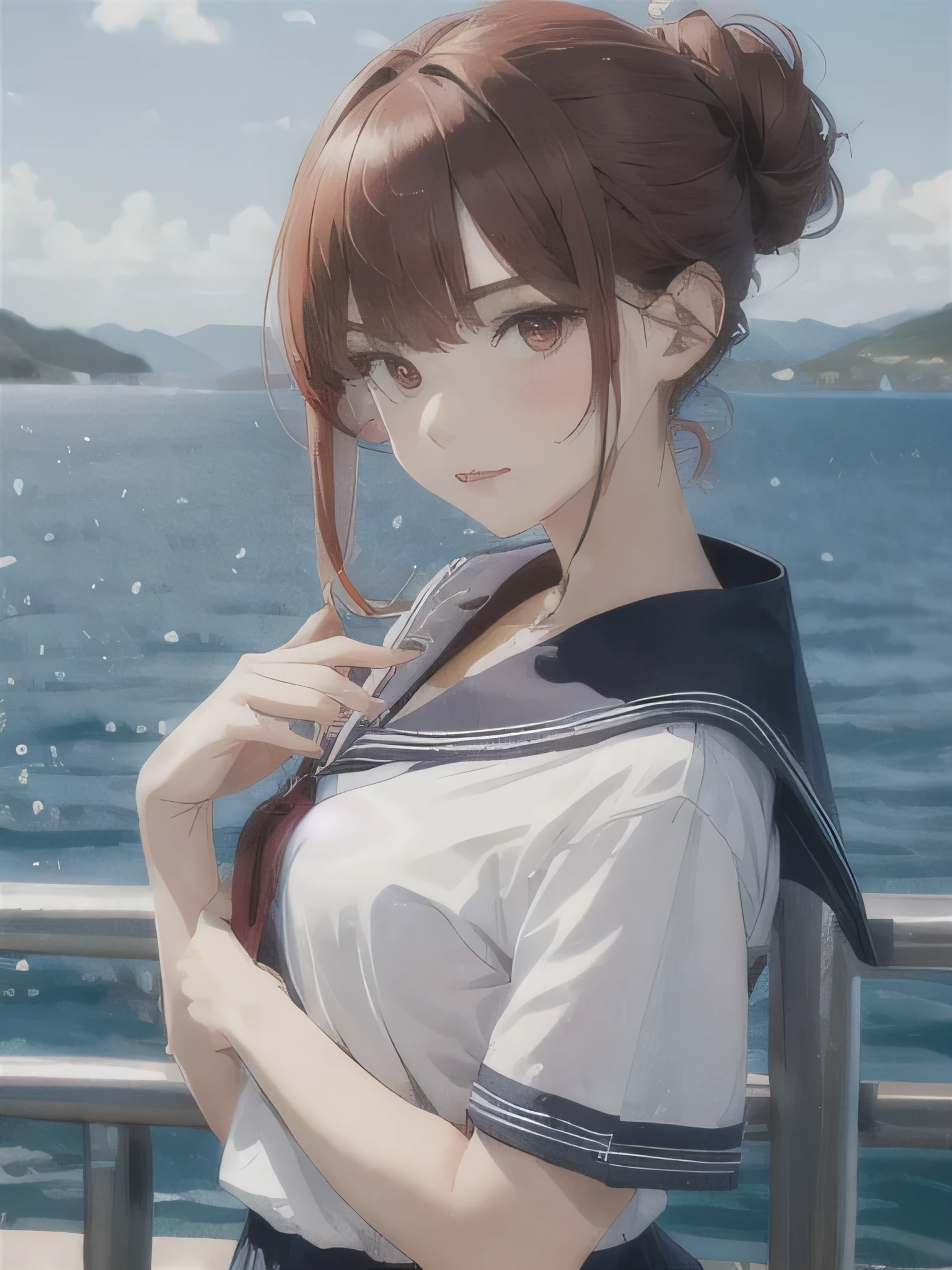 1 girl, Redhead, Updo, Facial hair stripes, Red eyes, Impact, 8k, masterpiece,Sailor suit、JK、skirt、I'm not wearing pants、Thighs、Sexy pose