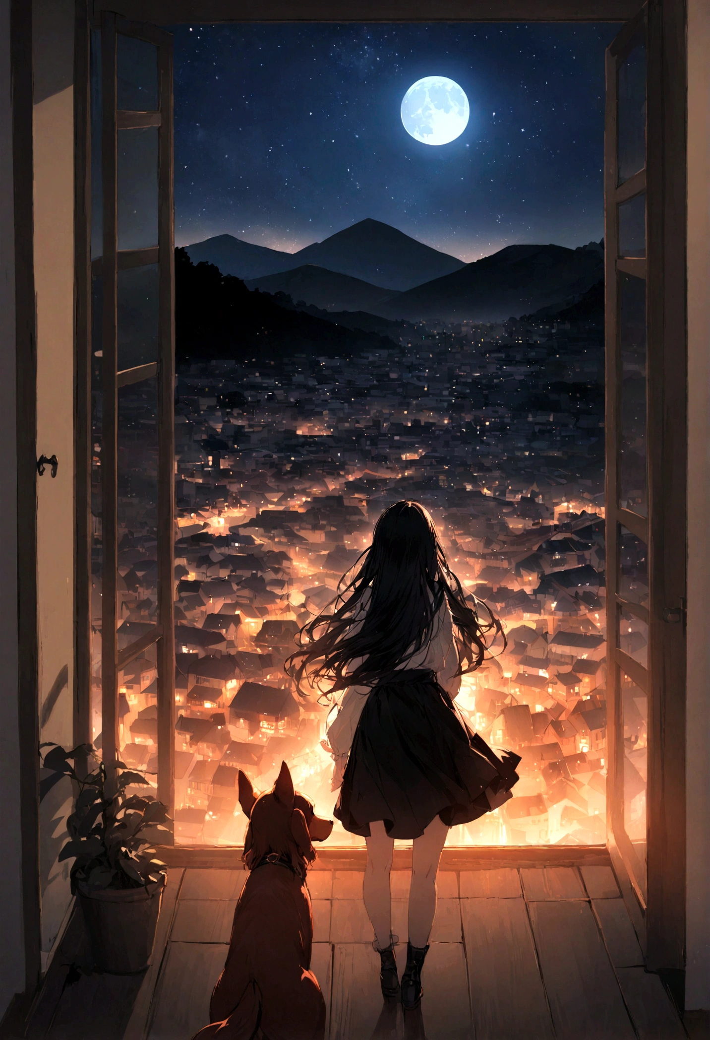 Dog 1、Woman 1、Red miniature dachshund、Red miniature dachshund long hair、dog'color is red、woman with very long black hair、Spectacular views、Night Scene、The view from the top of the hill、Full moon night sky、swirling starry sky、8K、Best Quality、詳しいdogの顔、The woman is facing the opposite direction、Ria、I can't see a woman's face、The whole body is in the photo、Like the night view of Tokyo、