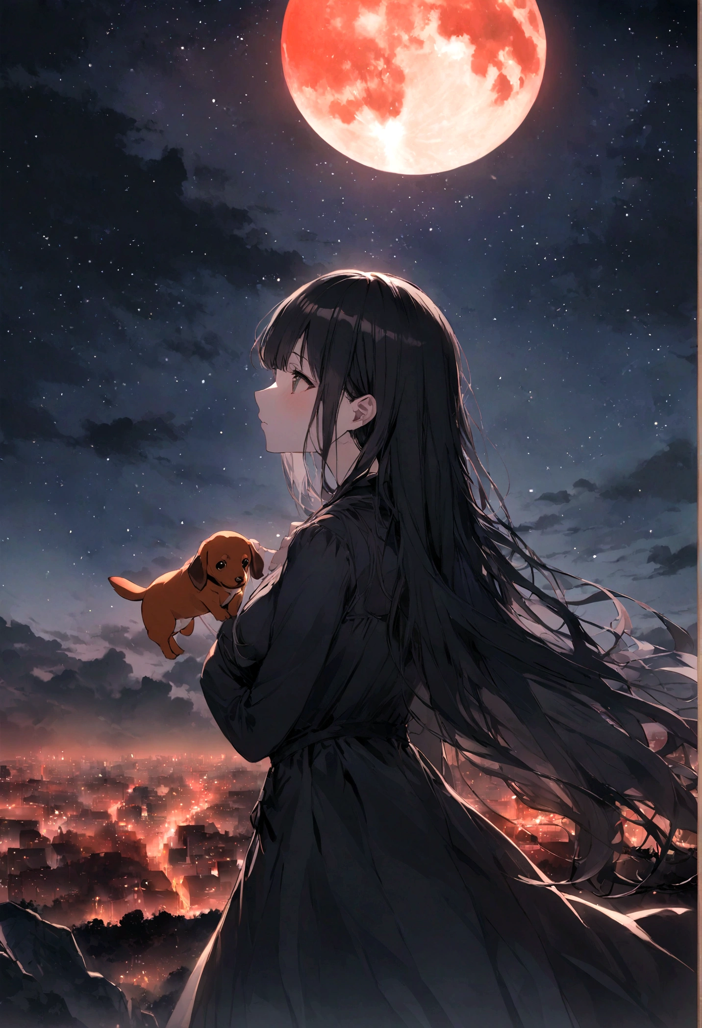 Dog 1、Woman 1、Red miniature dachshund、Red miniature dachshund long hair、dog'color is red、woman with very long black hair、Spectacular views、Night Scene、The view from the top of the hill、Full moon night sky、swirling starry sky、8K、Best Quality、詳しいdogの顔、The woman is facing the opposite direction、Ria、I can't see a woman's face、The whole body is in the photo、Like the night view of Tokyo、