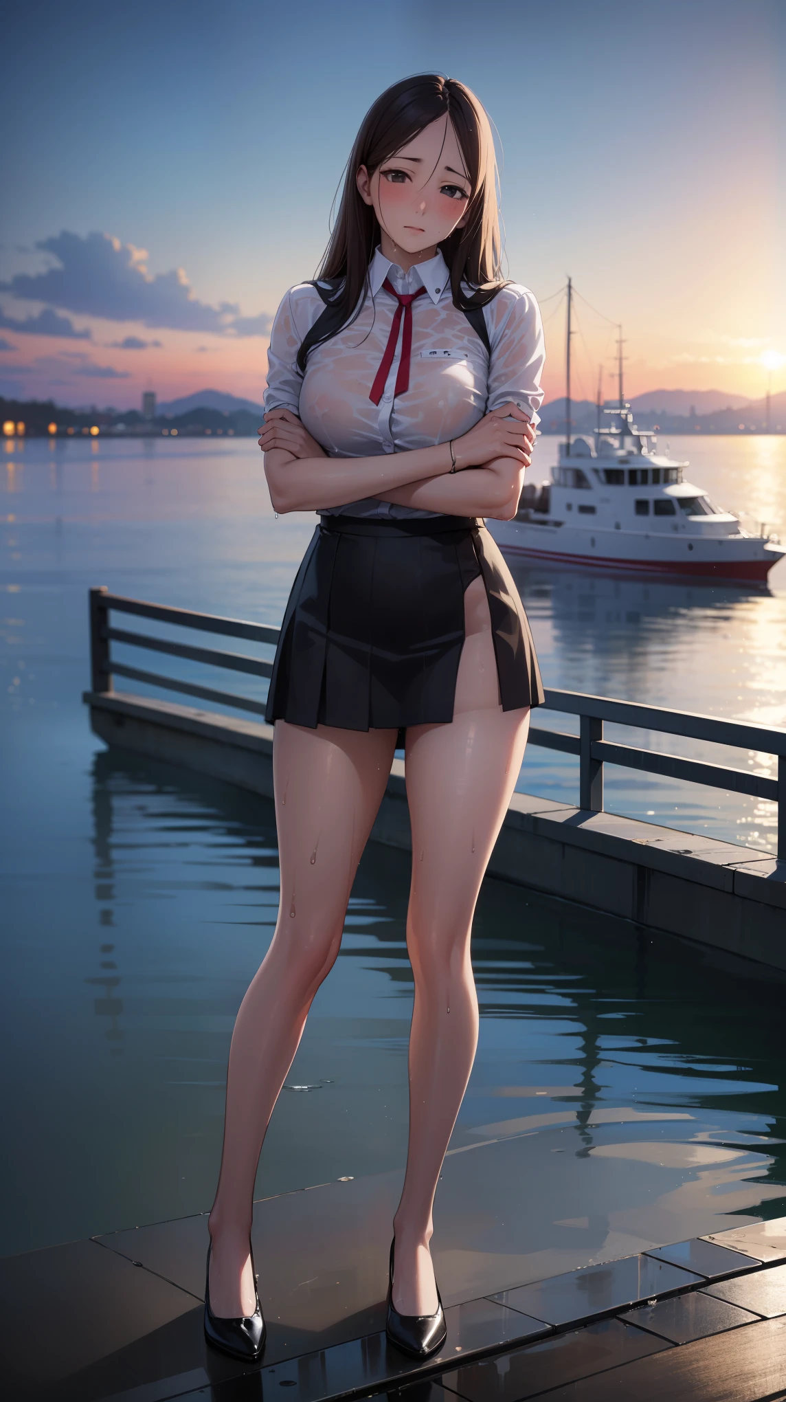 (Best quality,4k,High Resolutions),(realistic:1.37),Saekobusujima,Shy and blushing,sexy,Arms crossed,wet transparent uniform,Black lingerie,short skirt,Long black stockings,Wet,soaked,sitting on a boat ,Water,(photo),
(Full body,anime),(vivid colors),(Soft lighting)
