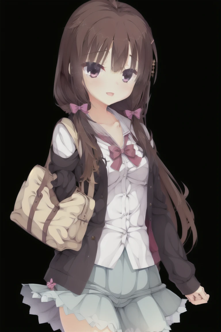-First Love, One girl, Telephone, Holding Telephone, cellTelephone, 緑のeye, skirt, Holding, pantyhose, smartTelephone, Long Hair, , Open your mouth, bag, hair ornaments, 笑face, bangs, Hair Clip, pleated skirt, Open clothes, View Viewer, red bow, black skirt, Ahoge, throw, blush, shirt, Sailor collar, bow, serafuku, Brown Hair, Are standing, Long sleeve, red bowtie, clavicle, cardigan, :d, school bag, bowtie, ribbon, hair ribbon, white Sailor collar, coat, Depth of written boundary, teeth,expensive_solve, clear_image, expensive_Contrast, 8k, Sparkling, beautiful_detailed_face_and_eye, (Brown Hair:1.25), 白 eye,Black background