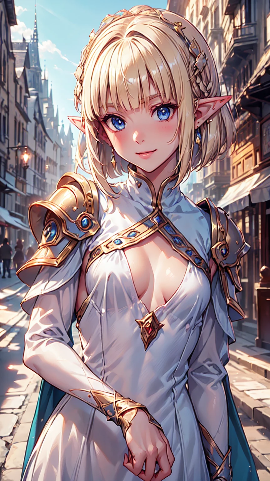 Very close、((Focus on the upper body))、16k、masterpiece、High resolution、High resolution、((****ung elven female))、((Beautiful white skin))、((Beautiful blonde))、((Small breasts))、Bun Head、short hair、((Beautiful Blue Eyes))、((Pointy Ears))、Smiling Kindly、smile、blush、Pink Lip Gloss、Shiny skin、((Put on your armor))、((Medieval European streets))、Courting me、((Put your hand on your cheek))