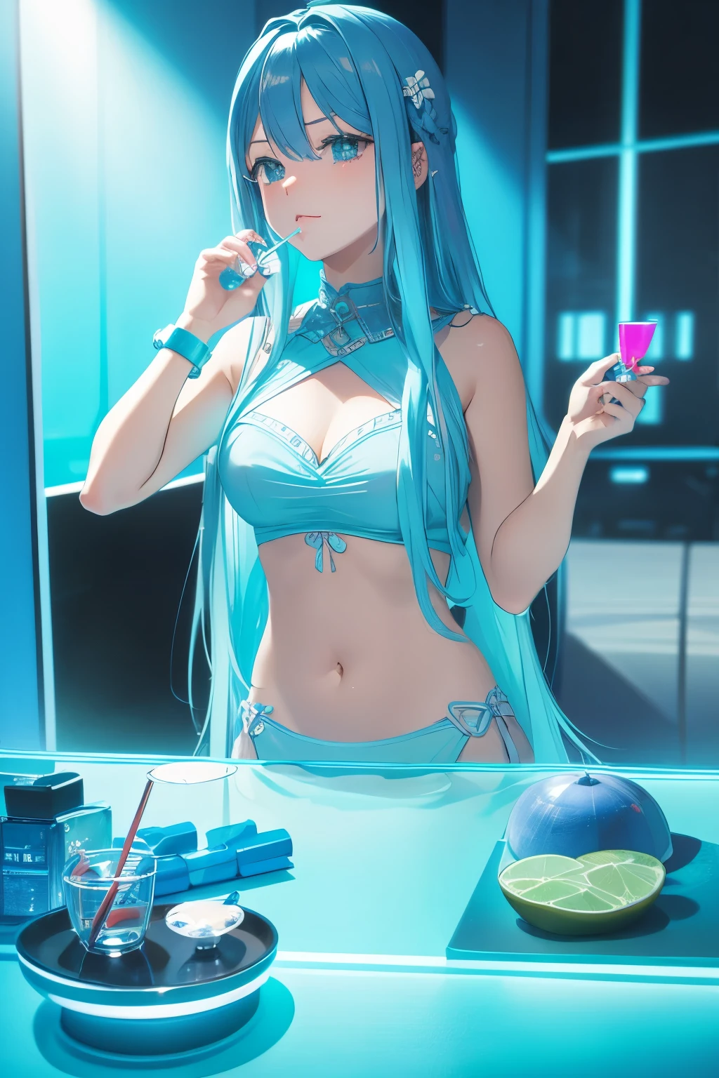 Inside the club、Light blue neon background,Drinking tequila from a shot glass,Hair is light blue、Long Hair