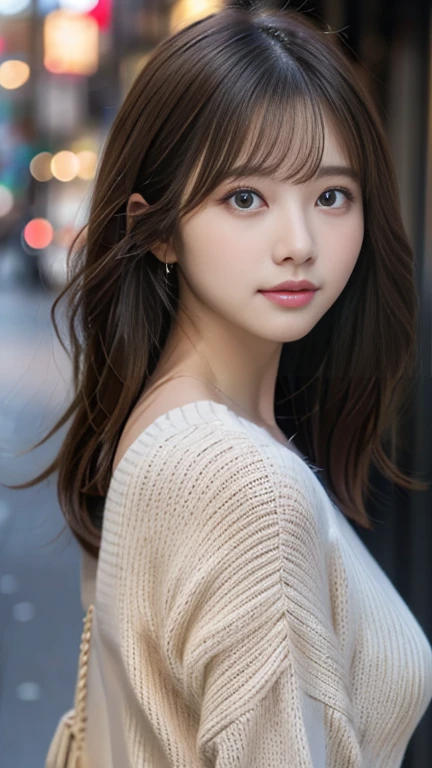 Pieces fly、highest quality、figure、 Very detailed、The finer details、 High resolution、8K Dende Wallpaper、Perfect dynamic composition、24 year old beautiful girl、clear、Detailed beautiful face、Beautiful, detailed eyes、Textured skin、A faint smile、Small breasts、Knit dress、Neon lights、Blue background,whole body