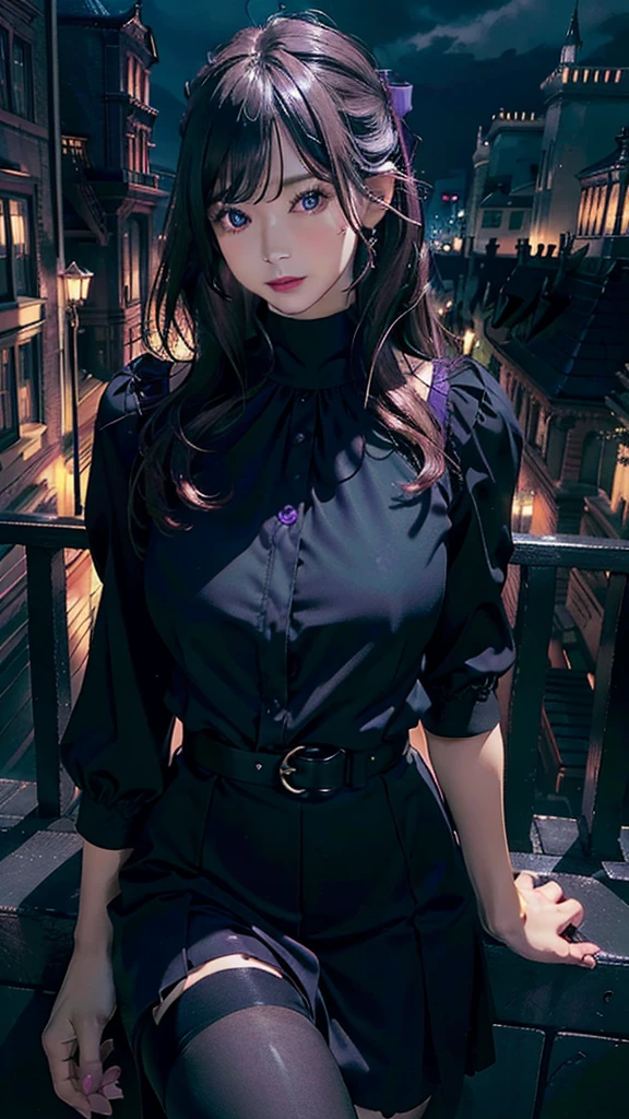 (Best Quality,4k,8K,hight resolution,Masterpiece:1.2),Ultra-detailed,(Realistic,Photorealistic,photo-realistic:1.37), Vivid colors, Dark atmosphere, soft-lighting, Beautiful, Wide Detail ((violet eyes)), handsome body, nice feet, pink blouse, dark knee-length long skirt, soft colors, long dark hair, Youthful appearance, confident expression, Stylish outfit, dark tights, nylon, Background of the mansion, delicate features, cinematic composition, mysterious aura, detailized face.