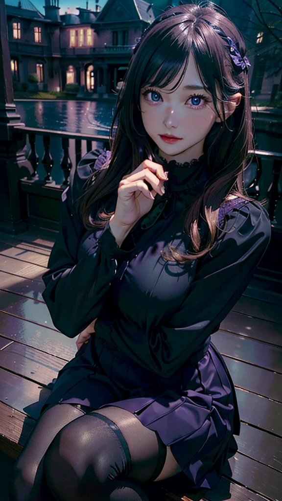 (Best Quality,4k,8K,hight resolution,Masterpiece:1.2),Ultra-detailed,(Realistic,Photorealistic,photo-realistic:1.37), Vivid colors, Dark atmosphere, soft-lighting, Beautiful, Wide Detail ((violet eyes)), handsome body, nice feet, pink blouse, dark knee-length long skirt, soft colors, long dark hair, Youthful appearance, confident expression, Stylish outfit, dark tights, nylon, Background of the mansion, delicate features, cinematic composition, mysterious aura, detailized face.