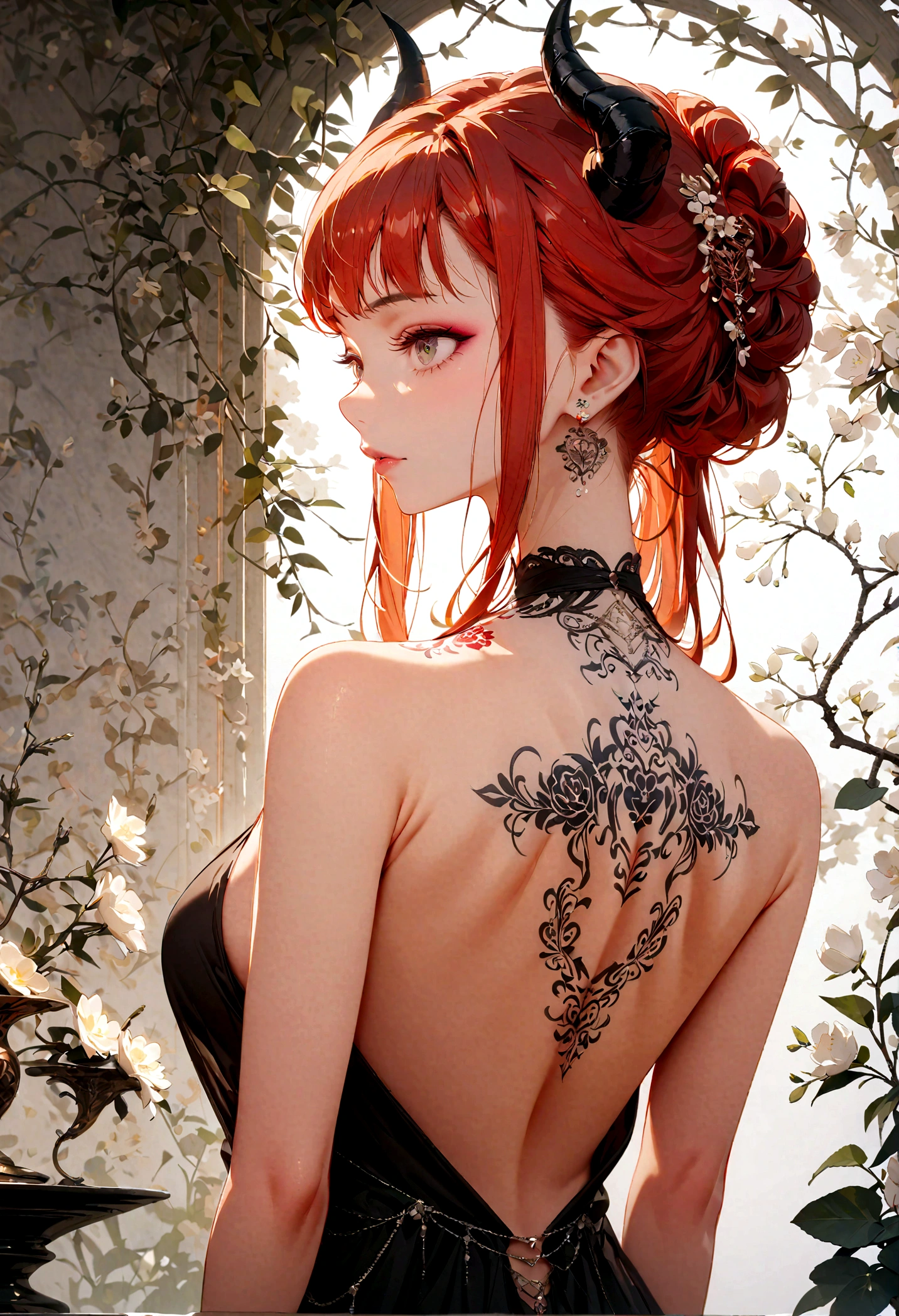 best quality,masterpiece,Ultra-high resolution,Intricate details,8K,Clear focus,((No text)),(Extremely detailed CG unity 8k wallpaper),From the back,1 Girl,Devil Girl,devil horns,long hair,Red hair,Thick thighs,(Back tattoo:1.2),Evening dress,Halter neck dress,Back tattoo,Perfect face, Exquisite makeup,close up