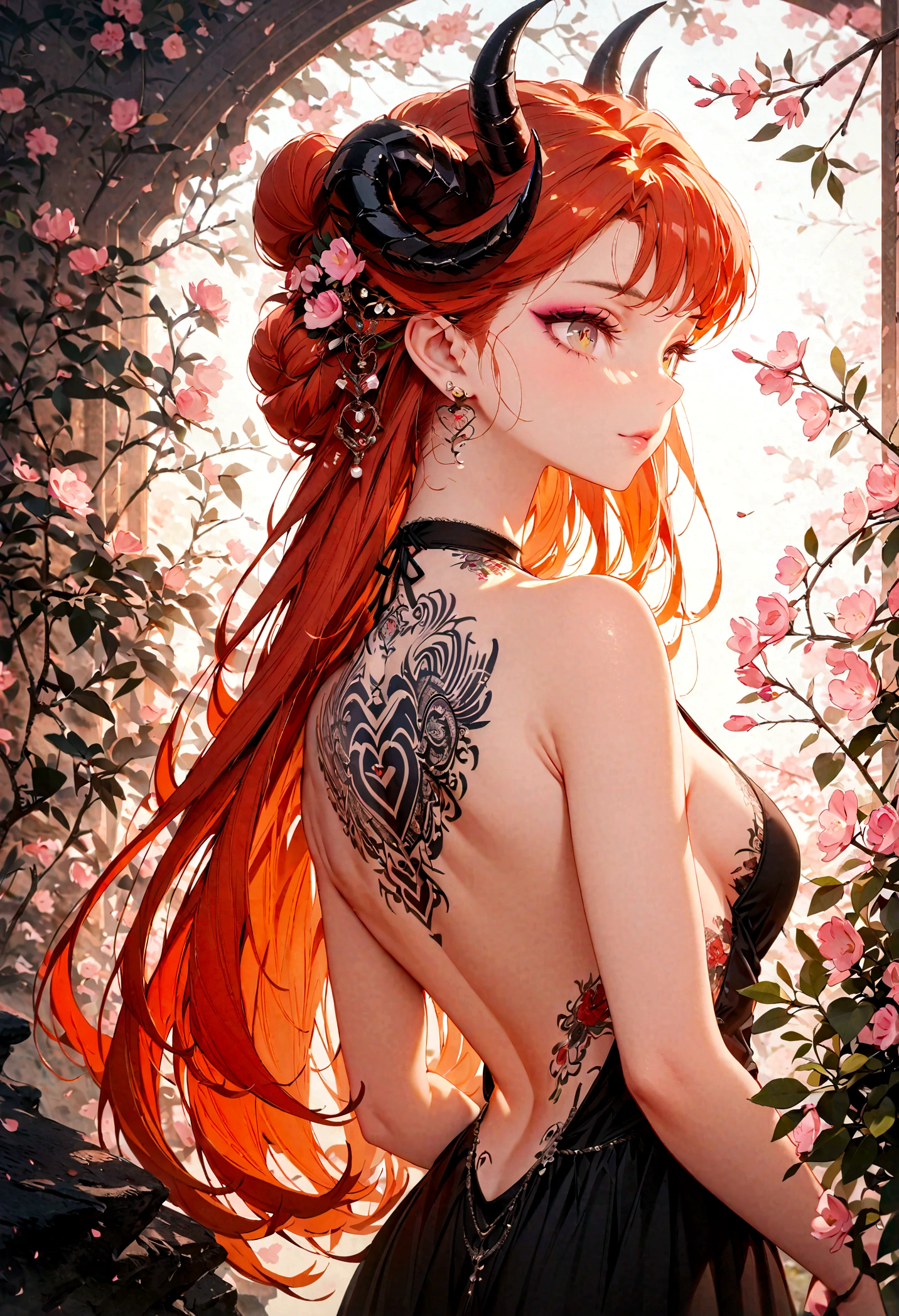 best quality,masterpiece,Ultra-high resolution,Intricate details,8K,Clear focus,((No text)),(Extremely detailed CG unity 8k wallpaper),From the back,1 Girl,Devil Girl,devil horns,long hair,Red hair,Thick thighs,(Back tattoo:1.2),Evening dress,Halter neck dress,Back tattoo,Perfect face, Exquisite makeup,close up
