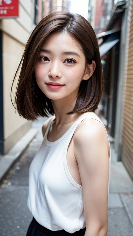 (((Close-up of face)))、(((Brown hair straight)))、(((She is posing like a hair salon model with a New York alleyway in the background.)))、(((She is wearing casual clothes suitable for early summer.。The shoulders are hidden)))、(Natural laughter:1.25)、Half Japanese, half Korean、18 year old girl、Standing Alone、Looking forward、Light eye makeup、Brown Hair Color、Flat and 、Hair blowing in the wind、Actress Quality、Glossy, ultra-realistic face、Smiling face、Watery eyes、Gazing Up、Subtle lighting effects、 Ultra-Realistic Capture、Very detailed、High resolution 16K close up of human skin。Skin texture must be natural、The details must be such that pores can be clearly seen、The skin is healthy、Uniform tone、Use natural light and colors、A worn-out, high-quality photo taken by a model agency&#39;s in-house photographer.、smile、(((SIGMA 300 mm F/1.4,1/1000 sec shutter,ISO 400)))、The background is F-stop 1..4 is blurred