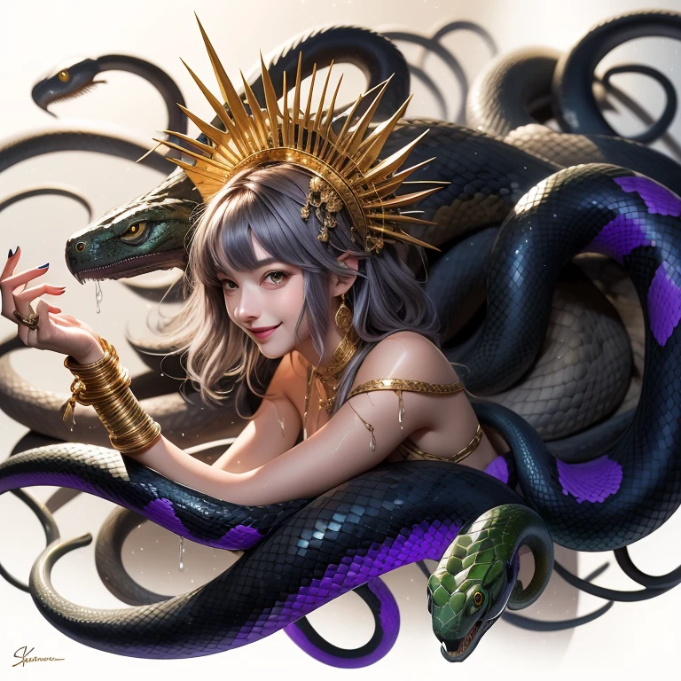 (masterpiece),(best quality:1.0), (ultra highres:1.0), detailed,Woman and snakes、Upper Body、profile、Cool smile、A woman with bare shoulders wearing a white cloth、Ferocious serpent、Real wet scale texture、The surface of the wet scales shines dully.、Menacing serpent、Facing left、Emerald green eyes、Gold Hair Ornament、Gold bracelet、Holding your right hand forward、He has long gold needles on the middle and ring fingers of his right hand.、Some snakes can see into space、Gray purple hair、Medium Hair、A woman, a snake and a mysterious black hand coming out of the darkness、Starry Universe、A white and grey mist surrounds the area