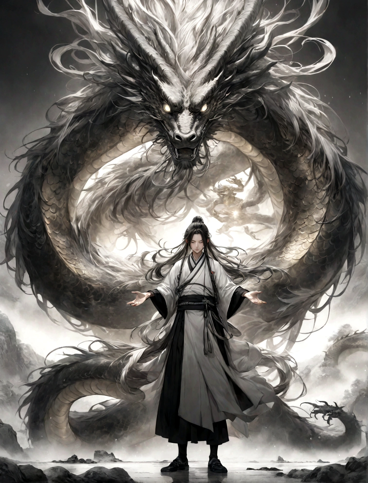 (Highest quality,8K,Super detailed,Surreal:1.2),Chinese landscape,Taoist priest standing in front of a giant golden dragon,Reach out,Disheveled long hair,Shining special effects,Surreal,Chinese black and white ink painting,silver shine,Calm colors,Dirty makeup,Ink painting,Very detailed,High resolution,Physically Based Rendering